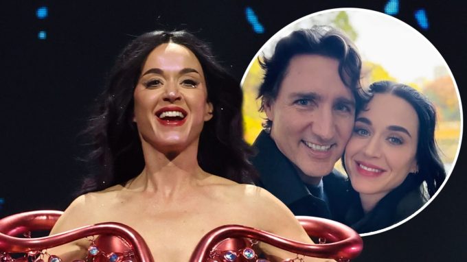 A composite image. The foreground shows a smiling woman, who appears to be Katy Perry, in a red bejeweled outfit on a stage. Over her right shoulder, there is a circular inset photo of her smiling closely next to a man, who appears to be Justin Trudeau, outdoors.