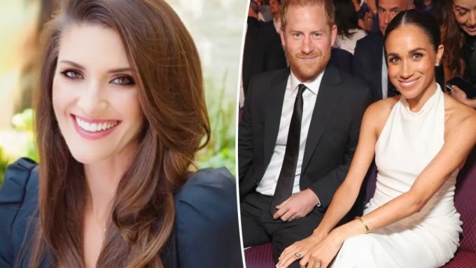 Meghan Markle and Prince Harry smiling together at a public event. The image is overlaid with a news headline regarding the departure of their Chief Communications Officer, Meredith Maines.