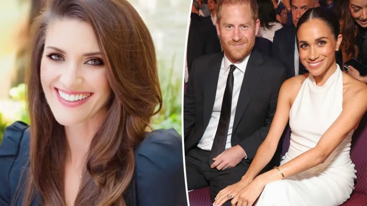 Meghan Markle and Prince Harry smiling together at a public event. The image is overlaid with a news headline regarding the departure of their Chief Communications Officer, Meredith Maines.