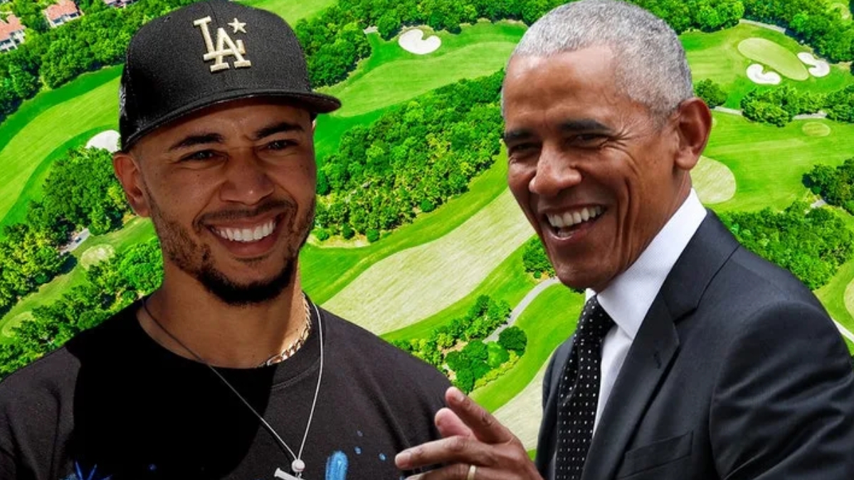 A composite digital graphic featuring Los Angeles Dodgers player Mookie Betts and former President Barack Obama. Betts is on the left wearing a black "LA" baseball cap and a black t-shirt, while Obama is on the right in a white dress shirt and dark patterned tie. Both men are smiling broadly. The background is a bright, saturated aerial view of a lush green golf course with winding fairways and sand traps.