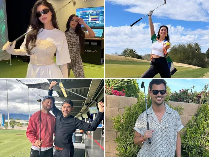 A four-panel collage featuring various celebrities posing with golf clubs:Top Left: Kylie Jenner and Kim Kardashian posing in a high-tech indoor golf simulator with a "Trackman" monitor in the background.Top Right: Vanessa Hudgens standing on a green, holding a golf club high in one hand and a golf ball toward the camera in the other.Bottom Left: Two men, including Taylor Lautner, posing playfully at an outdoor driving range with their clubs raised.Bottom Right: A solo shot of Taylor Lautner in a patterned short-sleeve shirt and sunglasses, resting a golf club against his shoulder outdoors.