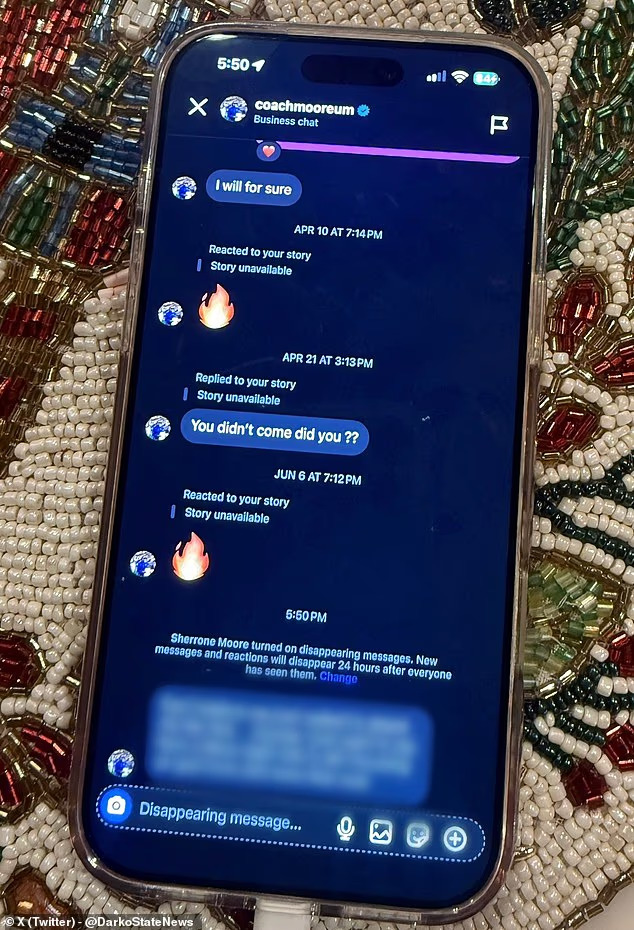 Sherrone Moore Suspended—Mia Sorety shows a direct message (DM) screenshot to prove the communication was innocent in the ongoing scandal.
