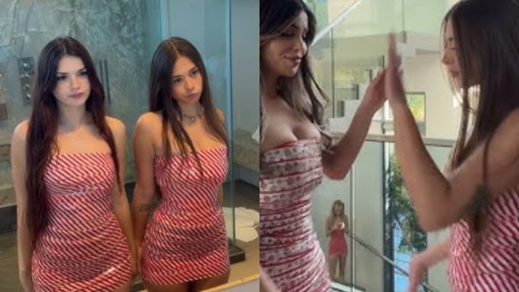 ophie Rain Tape dress, featuring a split image; on the left, a mirrored image of a woman in a red and white striped tube dress; on the right, two women in similar dresses giving a high-five in a modern indoor setting with glass railings.