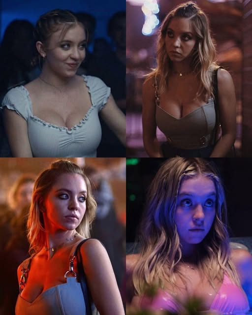 A four-panel grid of stills featuring Sydney Sweeney as her character Cassie Howard in the HBO series Euphoria. The images capture different emotional moments, ranging from a playful smile in a white top to more somber and intense expressions under dramatic blue and pink neon lighting.