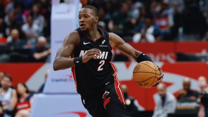 Terry Rozier gambling: Miami Heat guard Terry Rozier in action on the court, currently facing a federal judge in a legal move to dismiss gambling and wire fraud charges.