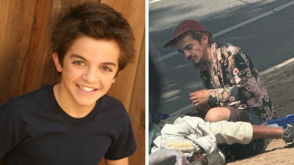 A split image highlighting the dark side of child stardom, featuring a promotional photo of Tylor Chase Now as a child and a current photo of him sitting on a sidewalk in California.