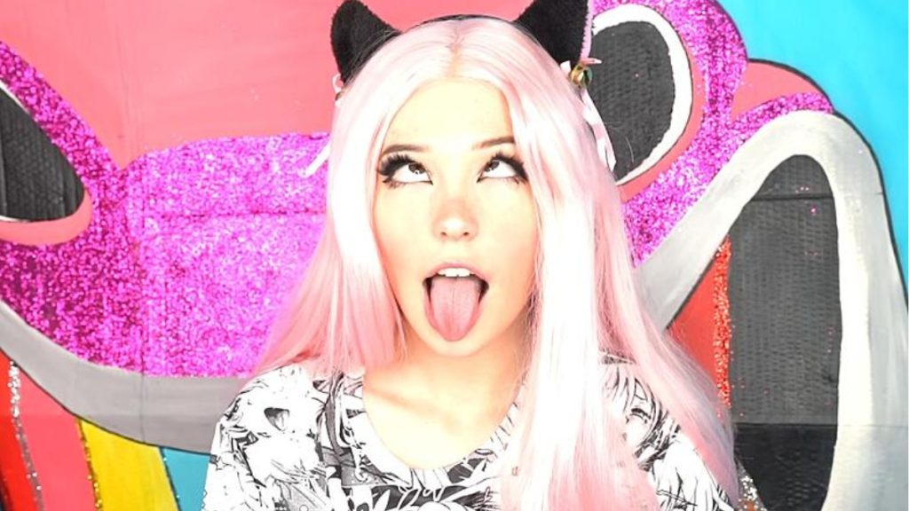 A creative, highly stylized photo of Belle Delphine, a unique figure in the Top 10 OnlyFans Creators, featuring her iconic cosplay-influenced aesthetics and expressive posing.