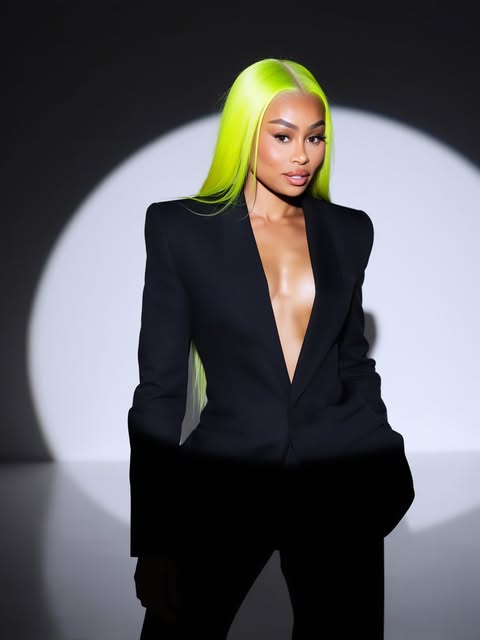 A studio portrait of Blac Chyna featuring bright neon-yellow hair. She is wearing a sharp black blazer with no shirt underneath, posed against a minimalist spotlight background.