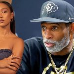 A side-by-side composite image featuring a professional portrait of Deion Sanders and Karrueche Tran. On the left, Karrueche poses in a denim top, and on the right, Deion Sanders is seen at a press conference wearing a Colorado Buffaloes hat.