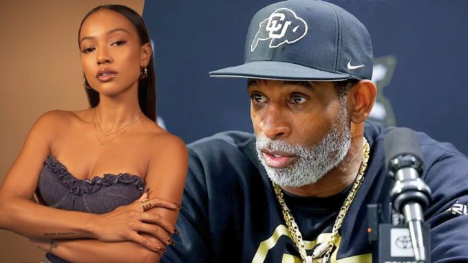 A side-by-side composite image featuring a professional portrait of Deion Sanders and Karrueche Tran. On the left, Karrueche poses in a denim top, and on the right, Deion Sanders is seen at a press conference wearing a Colorado Buffaloes hat.