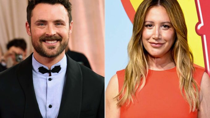 A split-screen image featuring Dylan Efron on the left and Ashley Tisdale on the right.