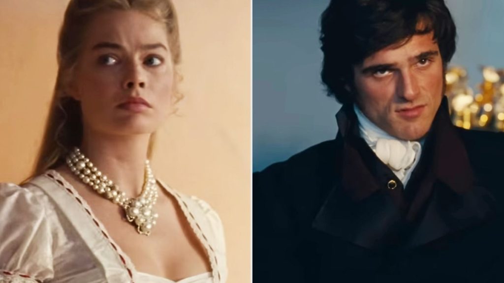 A split-screen promotional or film still. On the left, Margot Robbie is seen in period-accurate 19th-century attire, including a white lace dress and a prominent multi-strand pearl necklace. On the right, Jacob Elordi appears in character as Heathcliff, wearing a dark high-collared coat and a white cravat, looking intensely toward the camera.