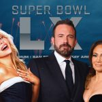 A promotional graphic for Super Bowl Ad season featuring Sabrina Carpenter, Ben Affleck, and Jennifer Lopez superimposed over a stadium background with fireworks and "Super Bowl LX" text.