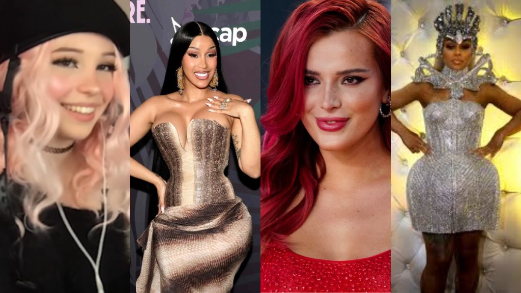 A collage showing four Most Famous OnlyFans Models representing the mainstream shift of digital creators: Belle Delphine wearing a black beret and pink hair; Cardi B in a patterned gold and brown gown; Bella Thorne with vibrant red hair and a red top; and Blac Chyna in an elaborate, silver futuristic gown and crown.