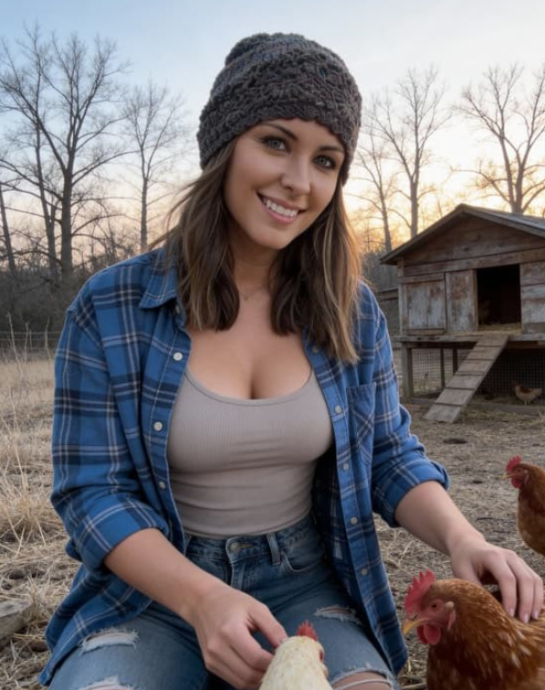 Sarah Hayes wearing a blue plaid shirt and grey beanie, smiling while petting chickens in front of a coop.