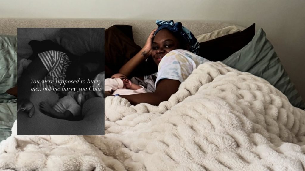 A grieving woman lies in bed with a baby, featuring an inset black-and-white photo with the heartbreaking caption, "You were supposed to burry me.. not me burry you Codi," documenting the family's pain after losing Snoop Dogg's granddaughter.