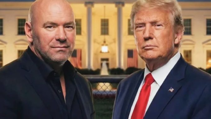A digital graphic promoting a historic mixed martial arts spectacle on the South Lawn, titled "ufc white house Event." The image features the iconic White House building in the background with a UFC Octagon superimposed in the foreground, highlighting the upcoming June 14, 2026, date.