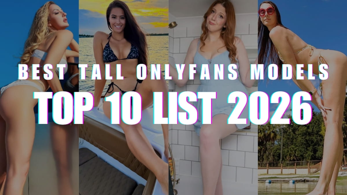 A collage for the "Top 10 List 2026" of best tall OnlyFans models featuring Ekaterina Lisina, Marie Temara, Katie Woolls, and BlissfulEllie in various settings like the beach, a boat, and a bathroom.