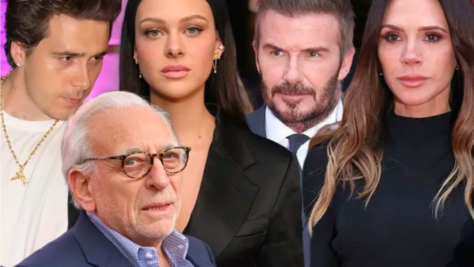 A composite image featuring five people: Nelson Peltz in the bottom left foreground wearing glasses and a blue suit; behind him are Brooklyn Beckham and Nicola Peltz; to the right are David Beckham and Victoria Beckham. The image is styled as a tabloid-style graphic showing the members of the two families.