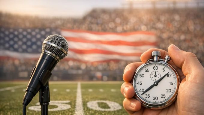 A digital graphic showcasing the betting line for Charlie Puth’s Super Bowl National Anthem rendition, featuring an Over/Under set at 120 seconds for the performance.