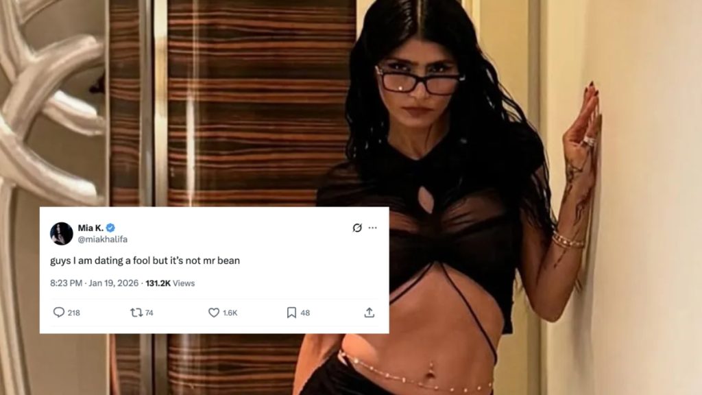A graphic featuring a quote from Mia Khalifa's official X post where she addresses the internet's obsession with her personal life. The text captures her witty rebuttal to the Mia Khalifa dating Mr. Bean hoax, stating, "guys I am dating a fool but it’s not mr bean."