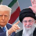 A digital collage featuring a serious Iran Supreme Leader Ayatollah Ali Khamenei on the right and a pointing Donald Trump on the left. The background includes two large Iranian flags and a long-range missile positioned vertically, suggesting a context of geopolitical tension.
