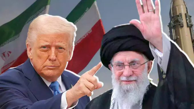 A digital collage featuring a serious Iran Supreme Leader Ayatollah Ali Khamenei on the right and a pointing Donald Trump on the left. The background includes two large Iranian flags and a long-range missile positioned vertically, suggesting a context of geopolitical tension.