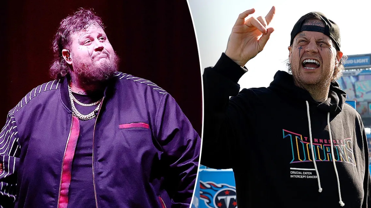 A side-by-side comparison illustrating the Jelly Roll Weight Loss transformation. On the left, a photo from 2022 at his heaviest weight of over 500 pounds, and on the right, a recent photo from early 2026 showing him at 265 pounds after losing more than half his body weight.