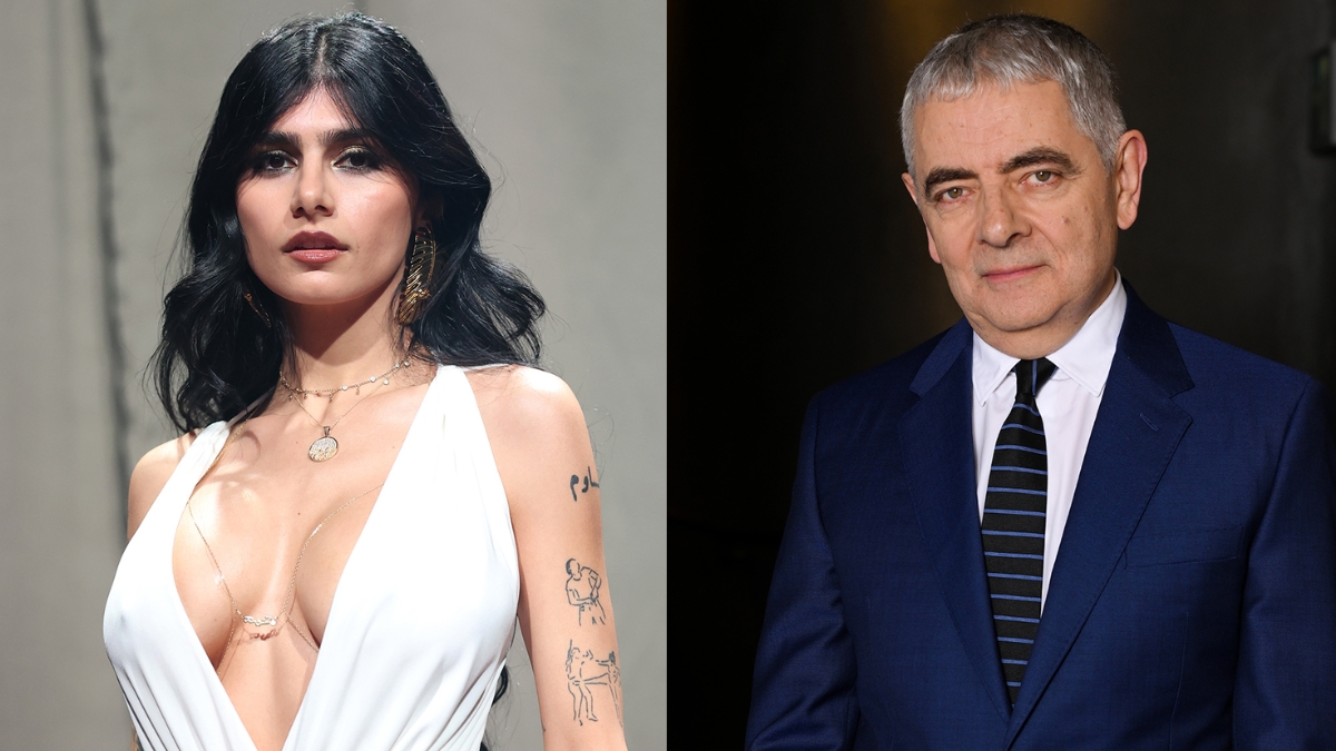 A side-by-side comparison image labeled "Real or Fake" that examines the hyper-realistic visuals used in the celebrity hoax. It investigates the origins of the Mia Khalifa dating Rowan Atkinson rumor, which started as a satirical post on Instagram.