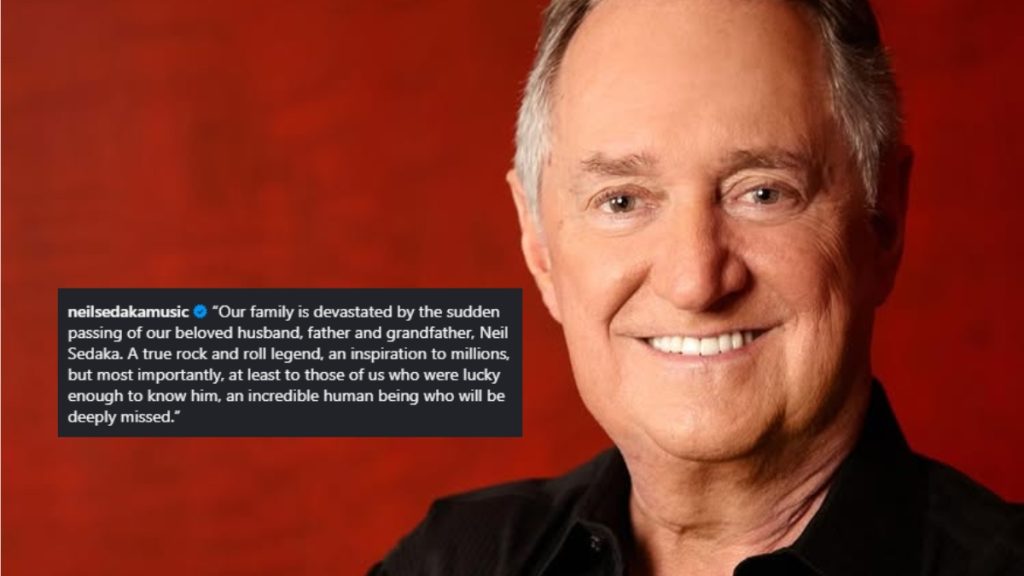 A commemorative tribute image for the late pop legend Neil Sedaka, honoring his death at age 86.