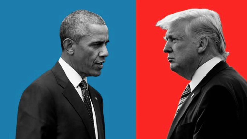 A high-contrast split-screen image representing Obama vs Trump, with Barack Obama’s profile on a blue background and Donald Trump’s profile on a red background. The black-and-white portraits face each other, symbolizing political opposition and bipartisan debate.