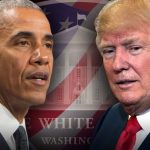 A political graphic for an Obama vs Trump commentary video, featuring a side-by-side comparison of former President Barack Obama and President Donald Trump. Both figures are shown in professional attire against a translucent overlay of the White House and the American flag.