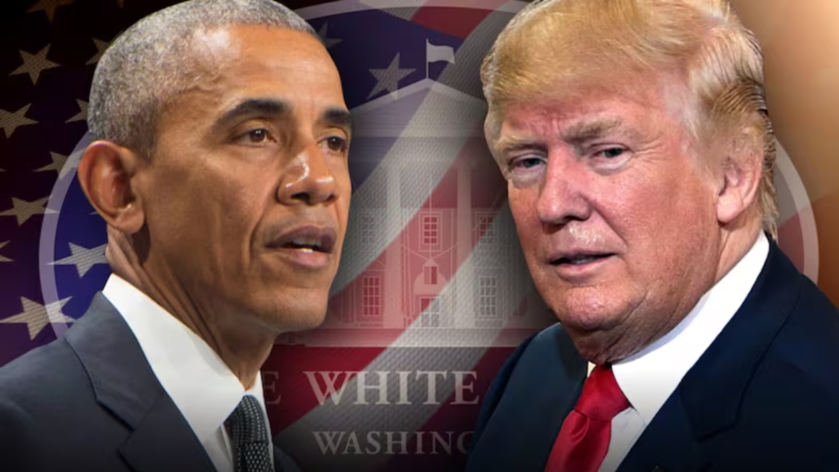 A political graphic for an Obama vs Trump commentary video, featuring a side-by-side comparison of former President Barack Obama and President Donald Trump. Both figures are shown in professional attire against a translucent overlay of the White House and the American flag.