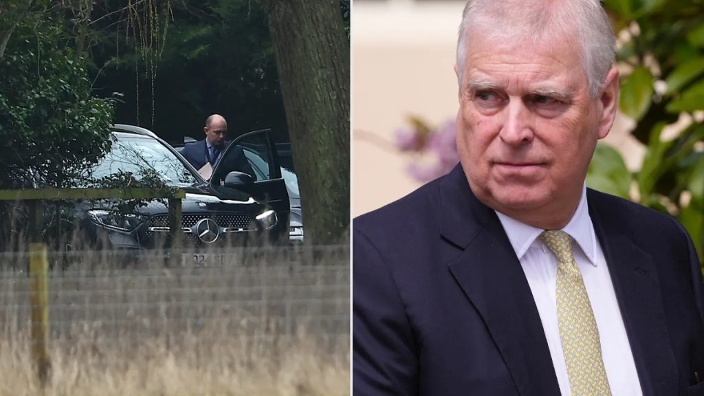 A split-screen style image. The left side shows a black Mercedes-Benz parked behind a fence in a wooded area, with a man in a suit standing by the open door. The right side shows a medium close-up of Prince Andrew Mountbatten-Windsor looking off-camera with a somber expression. The file name indicates this is intended to represent an arrest at the Sandringham Estate.