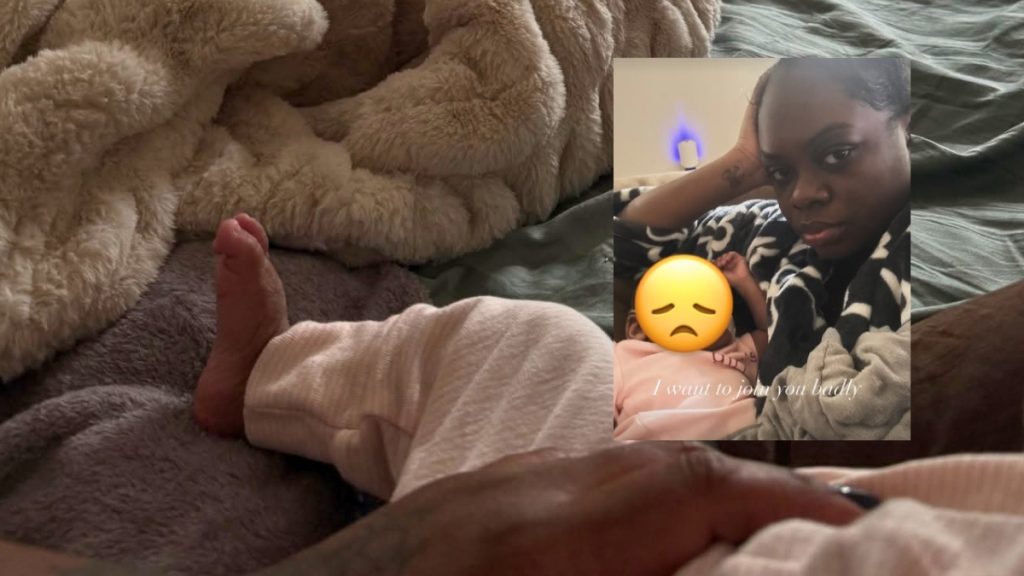 A close-up of a baby’s feet on a bed next to an inset photo of a woman looking somberly at the camera with a sad emoji and the text "I want to join you badly," following the passing of Snoop Dogg's granddaughter.