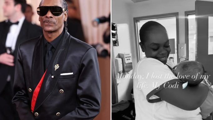 A split-screen image featuring a portrait of Snoop Dogg in a black tuxedo on the left, and a black-and-white photo of a woman holding a baby on the right with the text "Monday; I lost the love of my life. My Codi," referring to the loss of Snoop Dogg's granddaughter.