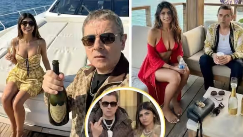 The image discussing the impact of artificial intelligence in social media misinformation, specifically focusing on the viral, AI-generated rumors regarding Mia Khalifa dating Rowan Atkinson (Mr. Bean).