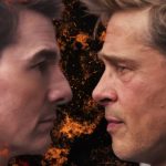 A dramatic, highly detailed close-up profile view of Tom Cruise and Brad Pitt facing each other against a dark background. The space between them is filled with glowing orange sparks and embers, and a circular frame of fire surrounds their heads, creating an intense, cinematic "versus" aesthetic.