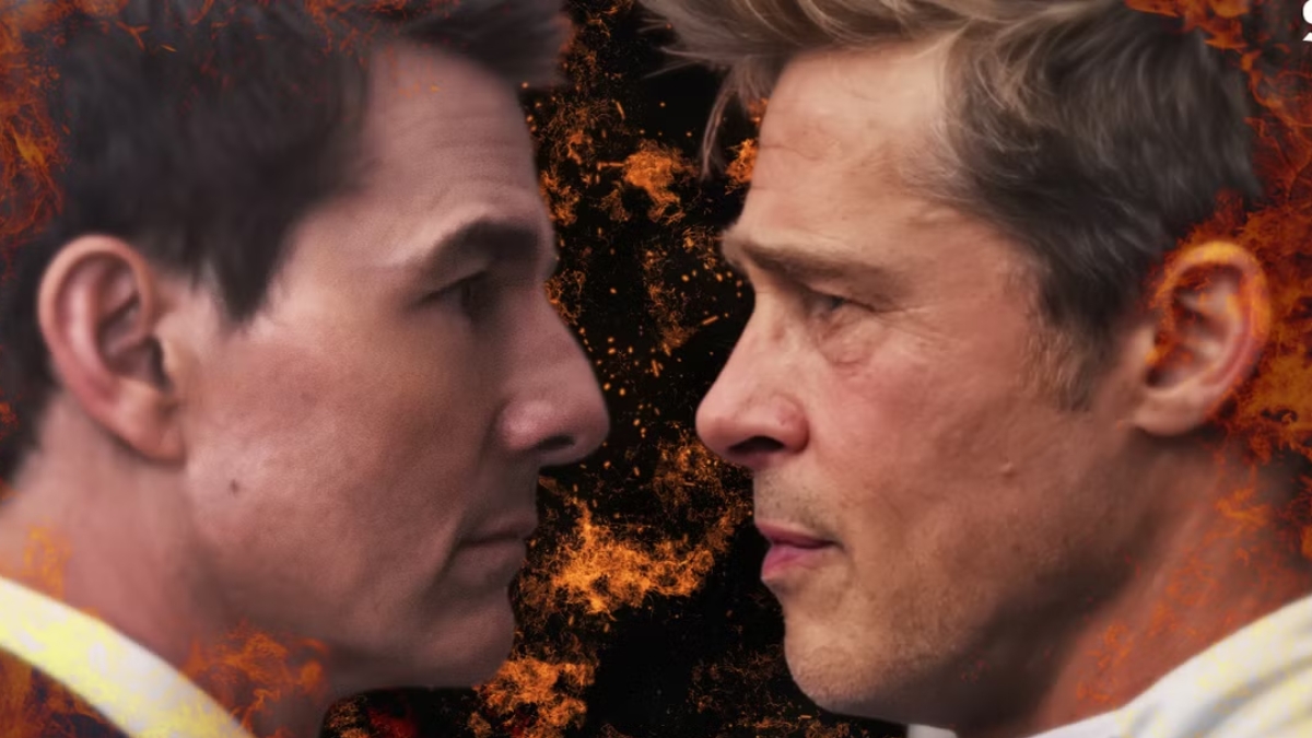 A dramatic, highly detailed close-up profile view of Tom Cruise and Brad Pitt facing each other against a dark background. The space between them is filled with glowing orange sparks and embers, and a circular frame of fire surrounds their heads, creating an intense, cinematic "versus" aesthetic.