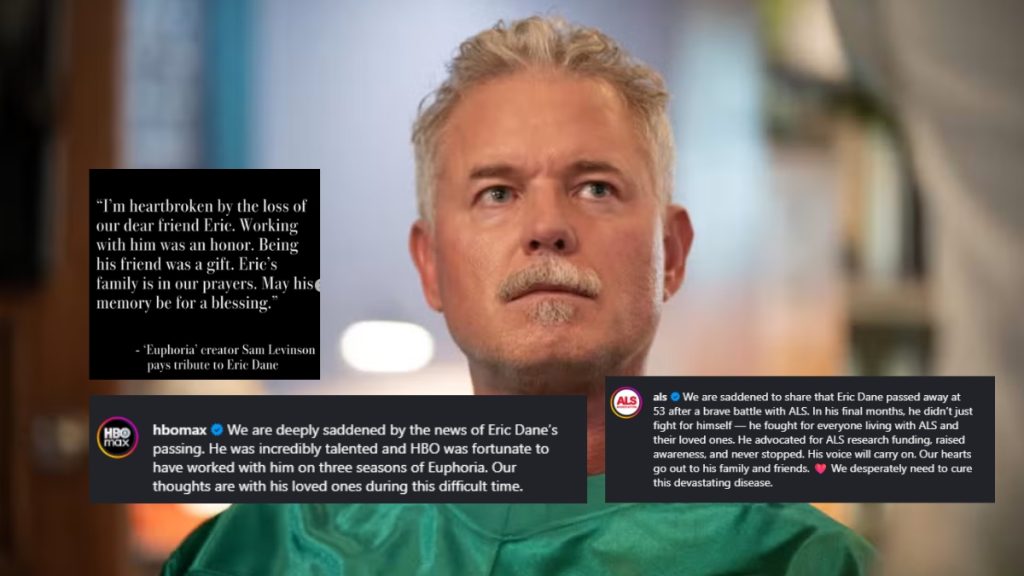 A collage featuring a central photo of Eric Dane in a green medical gown, surrounded by three fabricated social media posts. The posts include a fake quote from Euphoria creator Sam Levinson, a fake "in memoriam" tweet from a "hbomax" account, and a fake announcement from an "ALS Association" account, all mourning his supposed death.