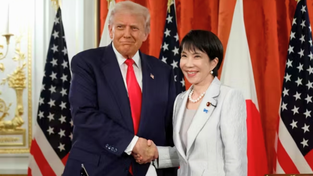 President Donald Trump and Japanese Prime Minister Sanae Takaichi are pictured during a formal meeting at the Akasaka Palace in Tokyo. They are seated at a large conference table with their respective delegations, following the announcement of a $36 Billion US Investment from Japan as the first tranche of a larger trade agreement.