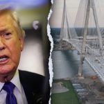 A composite image split by a jagged, torn-paper effect. On the left is a close-up, high-contrast portrait of Donald Trump speaking with a serious expression. On the right is an aerial view of the Gordie Howe International Bridge under construction, showing its massive cable-stayed towers and the bridge deck extending over the water between Detroit and Windsor.