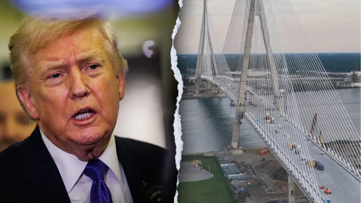 A composite image split by a jagged, torn-paper effect. On the left is a close-up, high-contrast portrait of Donald Trump speaking with a serious expression. On the right is an aerial view of the Gordie Howe International Bridge under construction, showing its massive cable-stayed towers and the bridge deck extending over the water between Detroit and Windsor.
