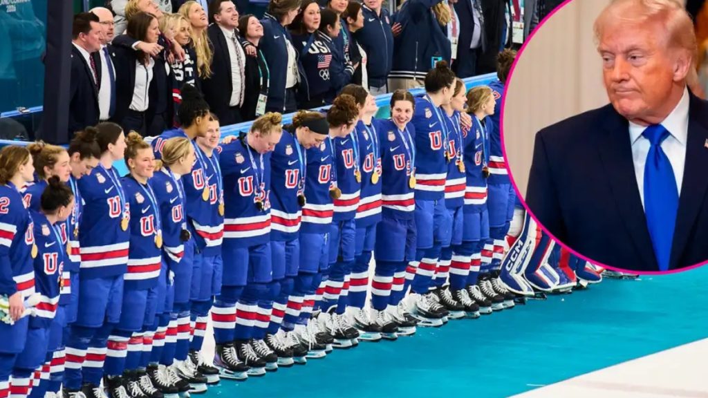 A digital graphic or headline image featuring the US Women's Hockey Team during their 2026 gold medal celebration, alongside text discussing President Trump’s announcement that the team will visit the White House soon.