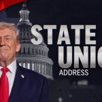 An image featuring Donald Trump positioned to the left against a dark background with the U.S. Capitol building. To the right, the words "STATE OF THE UNION ADDRESS" are displayed in bold, metallic silver lettering. The graphic includes red and white stylized stars and stripes in the upper left corner, suggesting a theme for the Trump State of the Union Address.