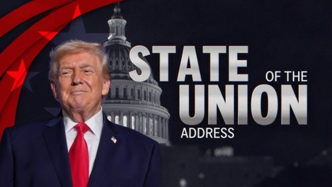 An image featuring Donald Trump positioned to the left against a dark background with the U.S. Capitol building. To the right, the words "STATE OF THE UNION ADDRESS" are displayed in bold, metallic silver lettering. The graphic includes red and white stylized stars and stripes in the upper left corner, suggesting a theme for the Trump State of the Union Address.