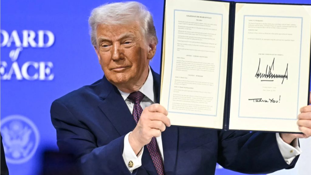 A bold digital news graphic featuring a portrait of Donald Trump alongside the headline "Trump’s Board of Peace Just Secured $5B for Gaza." Below the headline, a sub-caption reads "And Critics Are Melting Down," with the VICESNOB logo in the corner. The image uses high-contrast typography and a professional news-style layout to highlight the $5 billion funding milestone for Gaza reconstruction.