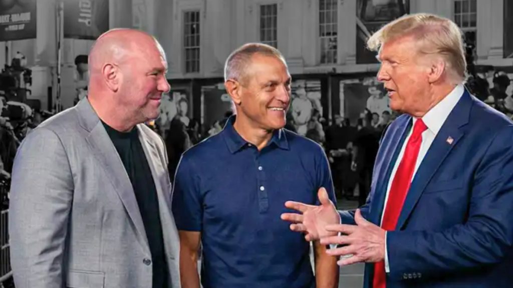 A promotional banner for the "ufc white house" event, emphasizing a reported $60 million production budget. The graphic depicts a dramatic night-time view of the presidential residence illuminated by stadium lights, with text stating it is part of the America 250 celebration.