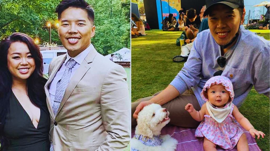 A split-screen image of actor and comedian Alex Duong with his family. On the left, Alex in a tan suit smiles alongside his wife, Christina. On the right, Alex wears a black baseball cap and casual grey shirt while sitting on a picnic blanket with his infant daughter, Everest, and their small white dog.