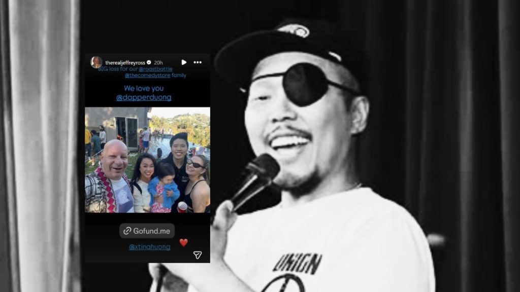 A black and white photo of a smiling Alex Duong performing stand-up comedy while wearing an eye patch, a result of his battle with alveolar rhabdomyosarcoma. Overlaid is a social media tribute from comedian Jeff Ross expressing love for Alex, along with a link to a GoFundMe for his family.